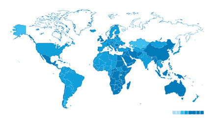 Fototapeta premium World map highlighting various countries in different shades of blue.