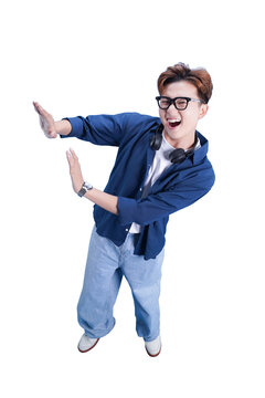 Playful Expression: A joyful individual, radiating enthusiasm, gestures dynamically, inviting interaction, against a simple setting. 