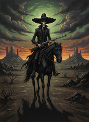 Skeleton Cowboy with Rifle Rides Black Horse Through Desert Landscape Under Dramatic Sky