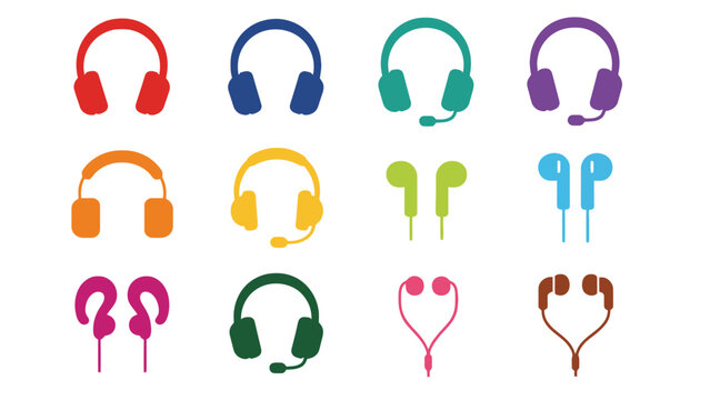 A collection of colorful headphones and earbuds icons on a white background
