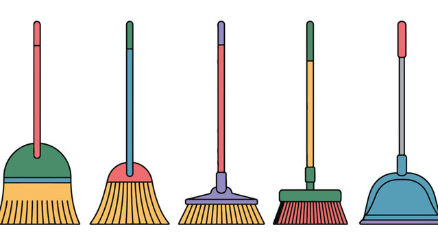 A colorful illustration of various brooms and a dustpan on a white background