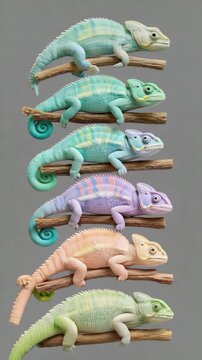 Loopable line of minimalist chameleons color cycling in unison on gray background. Hypnotic calming design tool tutorial, commercial.