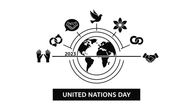 A logo for United Nations Day featuring a globe and various symbols