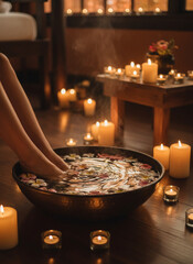 Womans Feet Soaking in Flower Petal Water Bowl Surrounded by Candles in Spa