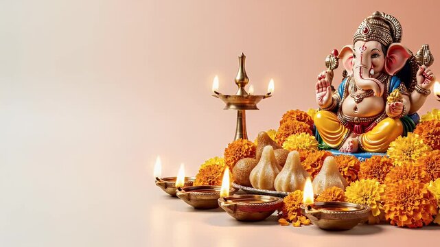 Lord Ganesha Modak Marigold and Oil Lamps on Right Side Pastel Peach Gradient