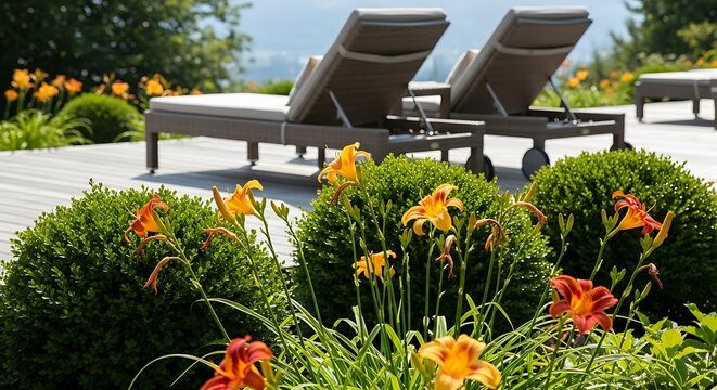 Upscale outdoor lounge chairs rest on a wooden deck surrounded by vibrant orange lilies and manicured greenery