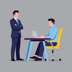 Obraz premium A business manager supervises an employee working on a laptop at a desk. Ideal for concepts of office work, leadership, team management, and professional collaboration