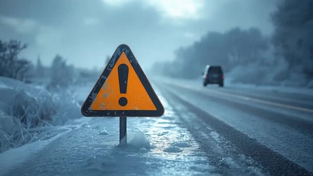 Hazard Warning Road Sign During Active Winter Storm
