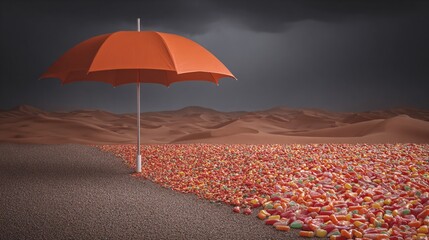 Surreal 3D render of a "Work-from-home" concept: a floating office chair on a giant pink cloud in the middle of a blue desert, copy space