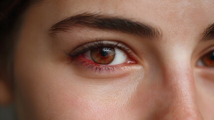 Obraz premium Close up ro view of a human eye exhibiting pronounced redness and irritation on the lower eyelid suggesting discomfort or a potential health concern