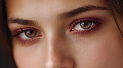 Fototapeta premium Close up ro portrait of a woman s expressive eyes with pink eyeshadow and detailed skin texture