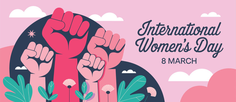 International Women's Day 2026 illustration, raised fists, floral elements, pink and blue palette, empowerment theme, unity message - flat vector illustration