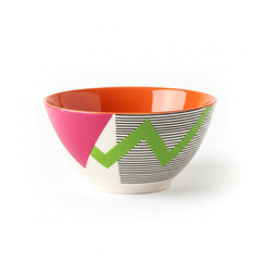 Colorful Ceramic Bowl with Geometric Pattern and Orange Interior on White Background