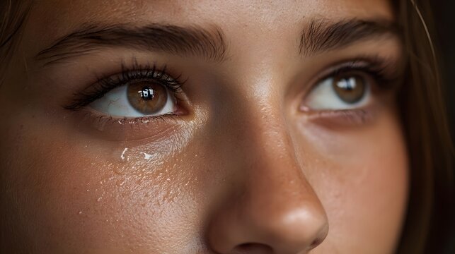 A single tear glistens on a person s cheek as they look upwards with expressive brown eyes