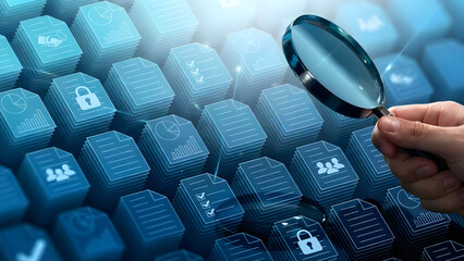 Searching business documents and files in document management system DMS storage. Businessman magnifying file icons