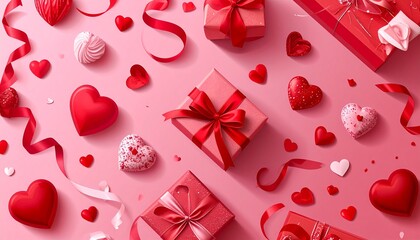 Obraz premium Romantic Love Celebration Background with Heart-Shaped Gifts, Ribbons, and Festive Decor Arrangement