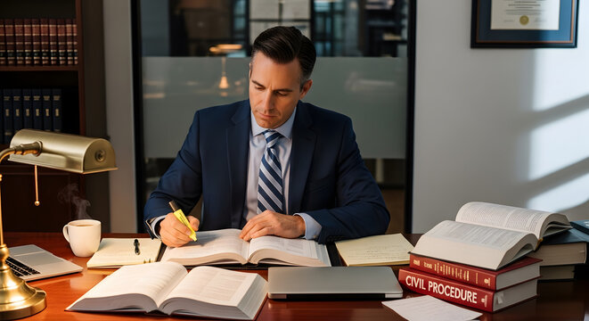 Male attorney in a suit studying law books and case files at a desk in a private library