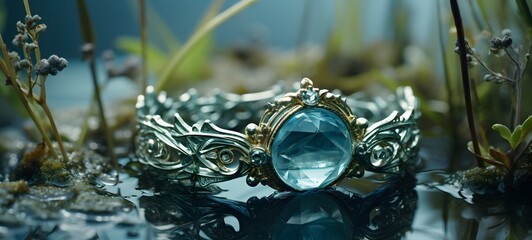 a hand wearing and aquamarine ring and holding an grass field out of the water ,generative AI
