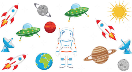 Obraz premium Space exploration vector set with astronaut, rockets, planets, UFO and stars isolated on dark background