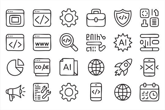 UI Web Development Line Icons for Coding and Software Interfaces