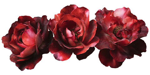 Three vibrant, elegant roses, blooming with rich, deep crimson, isolated against a solid black background