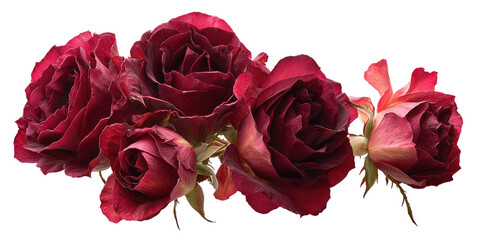 Close-up of a cluster of deep red roses with delicate, overlapping petals and a black background