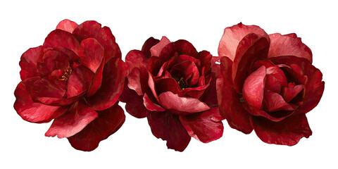 Three vibrant, intricately painted crimson blooms, with rich textures, presented against a stark black backdrop