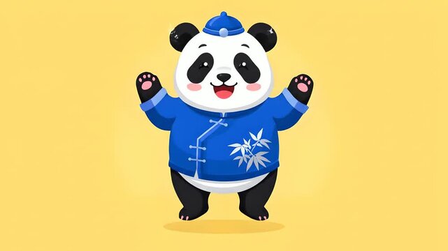 Cute animated panda character in blue traditional Chinese attire bounces cheerfully, smiling and holding bamboo. Ideal for Lunar New Year celebrations, children's educational content,