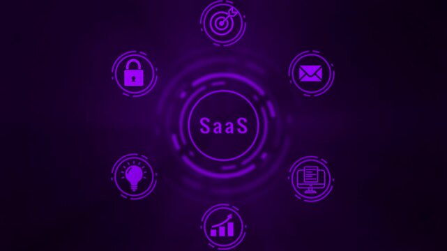 Purple glowing digital interface with Saa S acronym centered within a circular HUD surrounded by for business growth computer data analysis lightbulb idea generation and abstract HUD on a dark