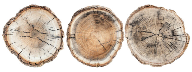 Three cross-sections of wood showing natural patterns, growth rings and cracks against a black background