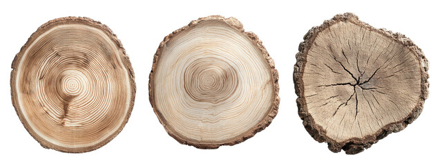 Three cross-sections of wood showing natural patterns.  They are isolated on a black background