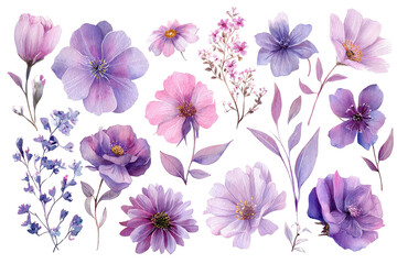 Watercolor floral arrangement in shades of purple, pink, and mauve with delicate leaves