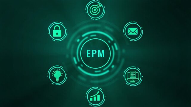 Teal glowing digital interface with EPM acronym centered within a circular HUD surrounded by for business growth computer data analysis lightbulb idea generation and abstract HUD on a dark