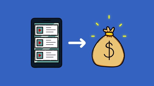 An illustrated smartphone screen shows stacked video thumbnails, with an arrow pointing to a money bag, symbolizing how mobile video content monetizes views into revenue and earnings.