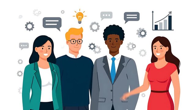 Diverse Business Team Collaborating with Idea and Communication Icons for Success