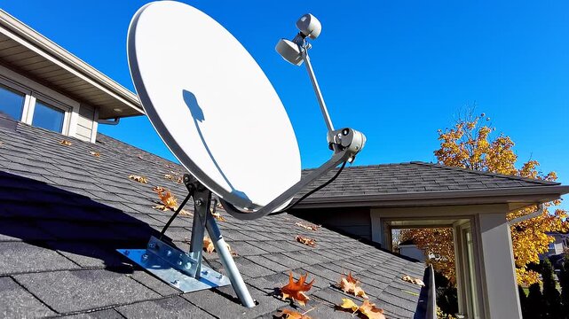 Satellite Dish on a Roof with Fallen Leaves, Clear Blue Sky on a Sunny Day