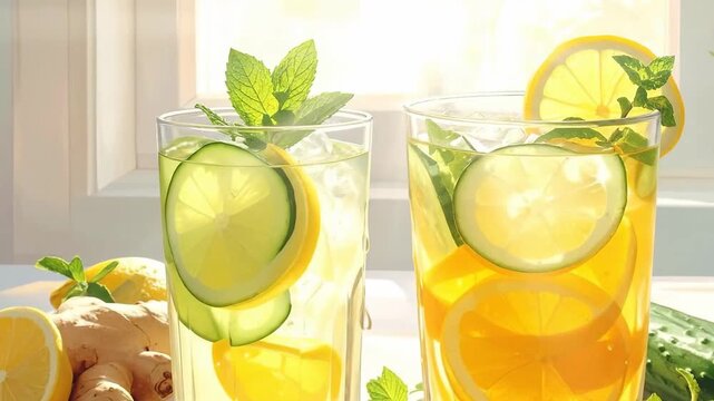 Refreshing summer drinks with lemon, cucumber, ginger, and mint, perfect for a healthy lifestyle.