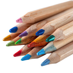 Close-up of colored pencils with sharp tips against a black background