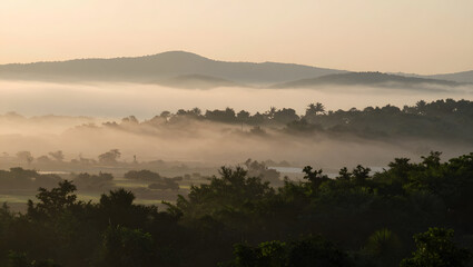 Foggy Sunrise Over Rolling Hills