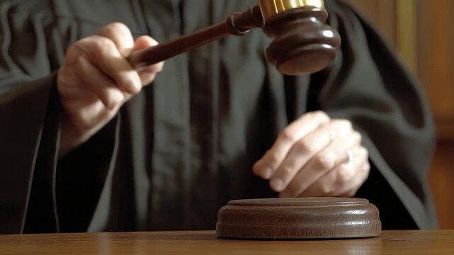 Judge in black robe holds a wooden gavel over a wooden block on a brown table