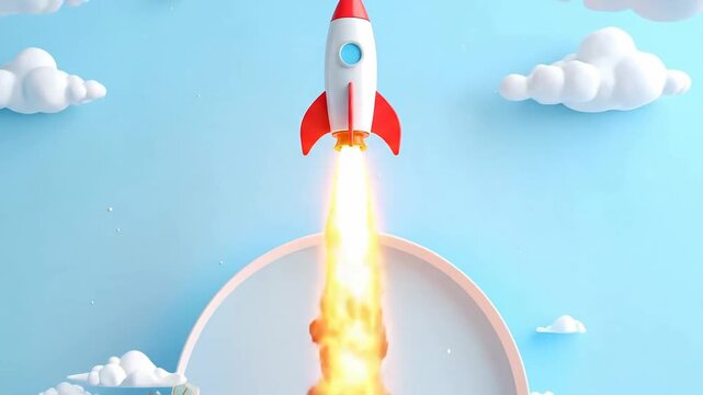 A whimsical cartoon rocket ship launches with bright light and puffy clouds in a dreamlike scene.