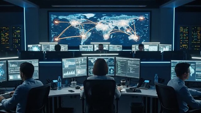 Cybersecurity Specialists Monitoring Threat Data in NOC Office.