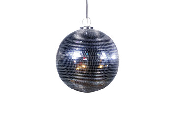 Shiny spherical object with numerous reflective tiles suspended against a black background