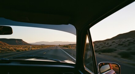Naklejka premium Sunset Road Trip View from Classic Car Windshield