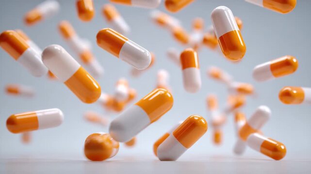 Orange and white capsule pill closeup floating and falling dynamic motion, pharmaceutical medicine capsule pill blur and clinical lighting conveying urgency, energetic orange white medicine