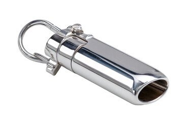 Close-up of a shiny, metallic, cylindrical object with a ring attached and a polished surface