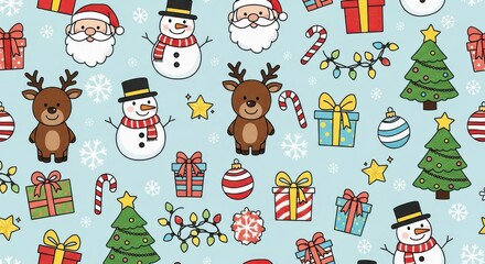 Fototapeta premium Cheerful holiday icons repeat across a light blue winter background pattern