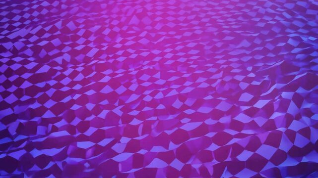 3D Blue and Purple Checkered Wavy Surface. Abstract low-poly landscape with a checkerboard pattern moving in fluid waves, transitioning between cyan and magenta lighting.