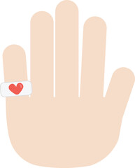 Obraz premium Minimal flat vector illustration of a human hand wearing a heart-shaped ring on the finger. Simple pastel design symbolizing love, care, romance, engagement, or emotional connection.