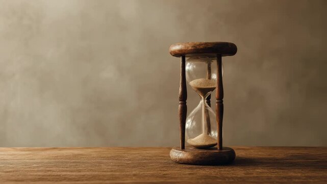 Antique hourglass sand timer wooden hourglass vintage timer time measurement sandglass rustic decor passing time countdown retro object vintage wooden hourglass with flowing sand sits wooden table